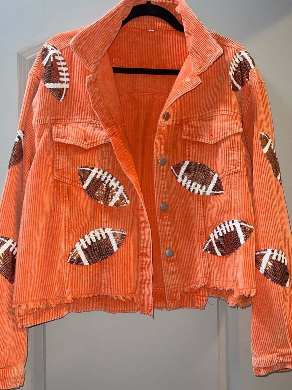 Orange Corduroy Jacket with Sequin Football Appliqués